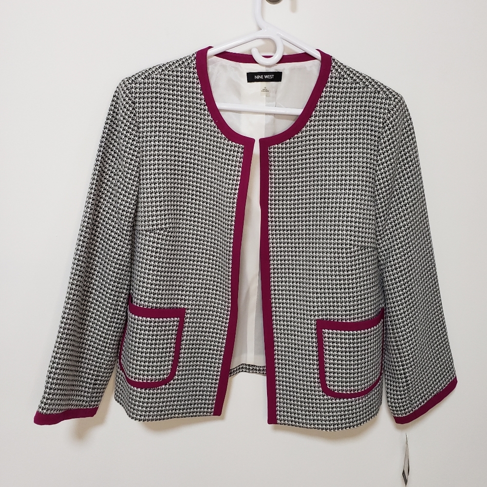 Nine West Checkered Houndstooth Blazer Jacket Magenta Purple Trim, 16
